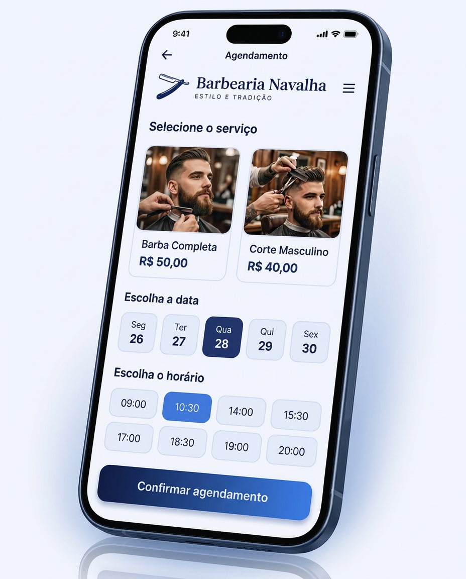 Aplicativo de agendamento online com link próprio para clientes de salão de beleza e barbearia