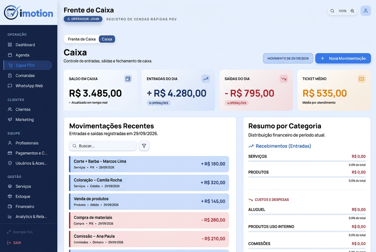 PDV e fechamento de caixa para salão de beleza no Imotion, funcionando mesmo sem internet